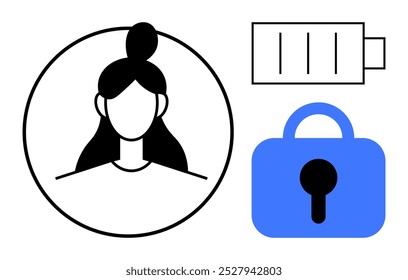 Design minimalista de uma mulher face dentro de um círculo com um ícone de bateria completa e uma trava azul. Ideal para segurança, privacidade, identidade, tecnologia e temas de design moderno. Estilo simples e moderno