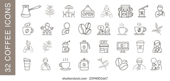 Minimalist designed, editable coffee shop icons set. Enriched with high quality line art.