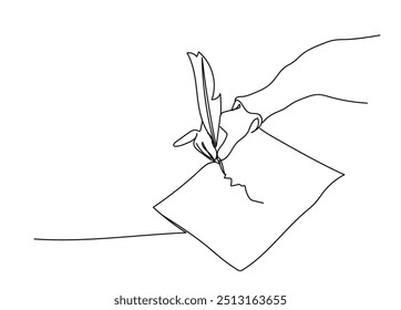 Design minimalista, decoração simples. Conceito de redação de livros. Mão escreve livro uma arte de linha, notas desenhadas à mão na pasta de trabalho, resumo da lição contorno contínuo. 