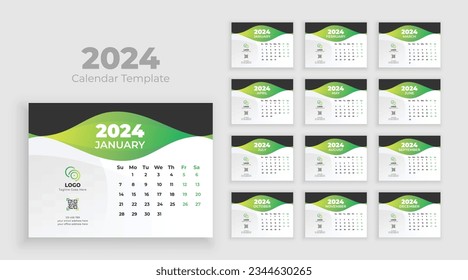 Minimalist desk calendar 2024 template, planner, Business template Vector. Week start on Sunday