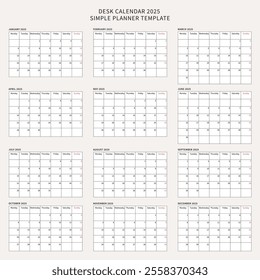 Minimalist desk calendar 2025 template with simple planner layout. Perfect for office, business, and personal use. vector illustration