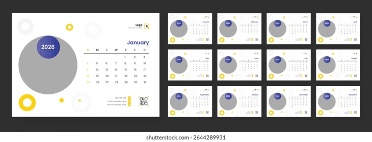 Minimalist desk calendar 2026 template. Desk Calendar Template 2026. Desk calendar with week start Sunday for print.