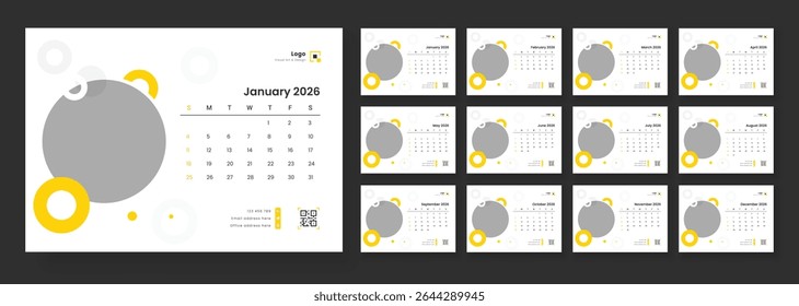 Modelo minimalista de calendário de mesa 2026, Modelo de calendário de mesa 2026, Calendário de mesa com início de semana domingo para impressão.