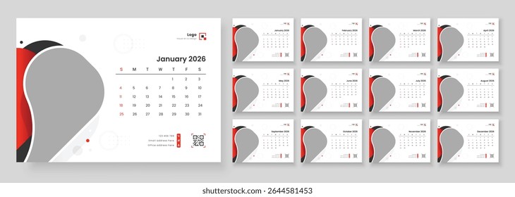 Minimalist desk calendar 2026 template. Monthly calendar layout for 2026 year. Calendar template for 2026 with week start on Sunday.