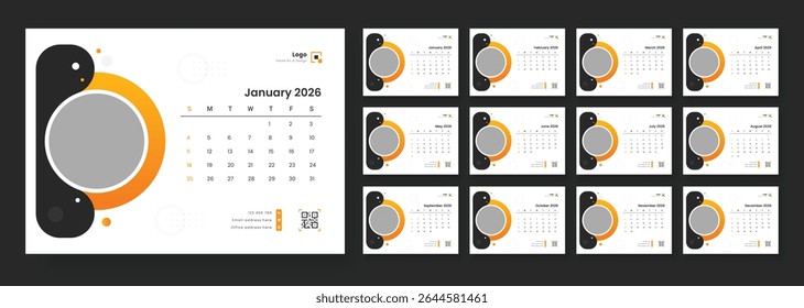 Minimalist desk calendar 2026 template. 2026 Calendar Planner Set of new templates 12 Monthly Page for Corporate or Personal use. Calendar template for 2026 with week start on Sunday.