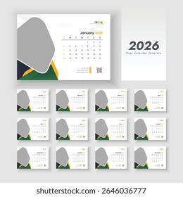Minimalist desk calendar 2026 template. Calendar 2026 planner corporate template design set. Week starts on Sunday.