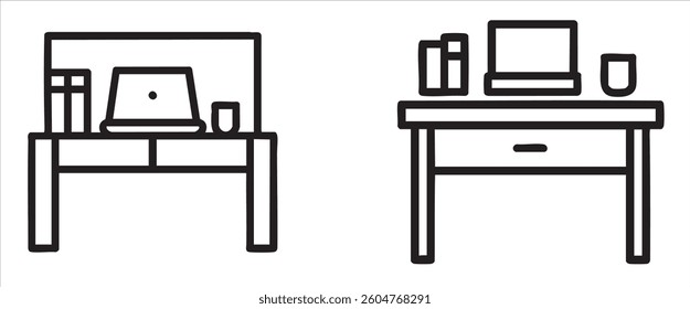 Minimalist desk designs with a laptop, books, and a glass on a clean surface.