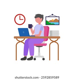 At a Minimalist Desk, Flat Vector Illustration