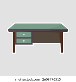 Minimalist Desk Illustration Sticker. Vector sticker of a desk with a green top, brown legs, and two drawers, featuring a clean and simple design for workspace themes