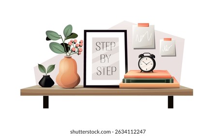 Minimalist desk shelf with decorative plants, books, framed "Step by Step" quote, alarm clock, and pinned notes. Clean design perfect for productivity, motivation, and home office or workspace themes.