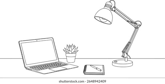 Minimalist Desk Workspace Outline Drawing with Laptop, Lamp, and Plant