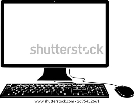Minimalist desktop setup featuring a blank monitor, wired keyboard, and mouse, ideal for office or home use. Clean design.