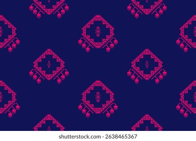 Minimalist diamond pattern with a tribal twist in fuchsia and dark navy tones. A seamless design perfect for modern textile backgrounds, wallpaper, or cultural branding.