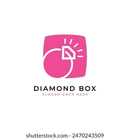 Minimalist diamond ring and square box logo icon symbol design concept. 