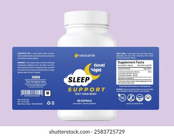 Minimalist dietary supplement label packaging for good sleep, featuring soft colors, clean typography, and detailed product information, ideal for health and wellness jar bottle and pouch bag.