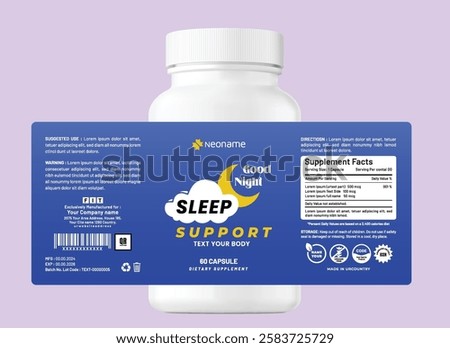 Minimalist dietary supplement label packaging for good sleep, featuring soft colors, clean typography, and detailed product information, ideal for health and wellness jar bottle and pouch bag.