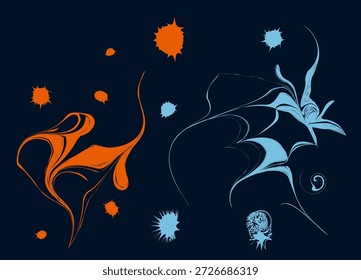 Ein minimalistisches, digitales, abstraktes Kunstwerk mit fließenden, zwielichtigen Formen und lebhaften Spritzern in kontrastierendem Orange und Hellblau auf tiefblauem Hintergrund.

Lange Beschreibung: Dieses Stück untersucht die dynamische Spannung zwischen Wärme und Kühle. Auf der linken Seite wirbelt eine energische, flammenartige Orangenform nach oben, begleitet von verspielten Spritzern. Auf der rechten Seite ähnelt eine zarte, ätherisch hellblaue Struktur einer botanischen oder organischen Silhouette. Der dunkle, matte marineblaue Hintergrund bietet eine kontrastreiche Leinwand, die die Bewegung und "Liquidität" der Striche betont und ein Gefühl für kosmische oder mikroskopische Energie erzeugt.