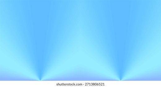 Un fondo abstracto digital minimalista que presenta un gradiente cónico suave de doble punto donde los rayos de azul claro irradian hacia arriba desde la parte inferior contra un fondo de cielo cian.