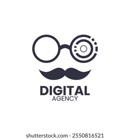 Logotipo minimalista da agência digital. Logotipo estiloso para uma agência digital com óculos minimalistas, um monóculo inspirado na tecnologia e um bigode clássico. Ideal para marcas modernas e projetos de design.