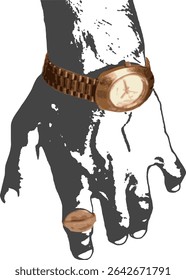 Minimalist digital art of a hand wearing a classic wristwatch and a ring. Monochrome hand illustration with brown-bronze metallic accessories, perfect for concepts of time, luxury, or mortality. 