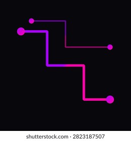 A minimalist digital art piece featuring two angular neon purple and pink circuit paths with nodes on a black background.