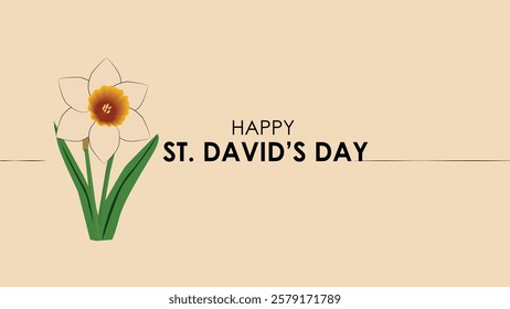  A minimalist digital banner for St Davids Day featuring a bright yellow daffodil on a soft beige background symbolizing Welsh heritage and cultural pride