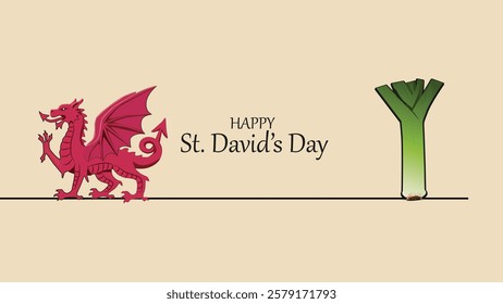 A minimalist digital banner for St Davids Day featuring a red Welsh dragon and a green leek on a beige background symbolizing Welsh culture and national pride