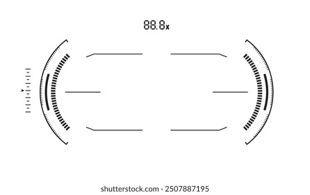 Minimalist digital binocular interface with HUD elements and magnification indication.