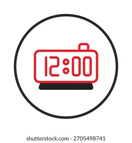 Um relógio digital minimalista exibe doze horas em uma tela vermelha brilhante. O forte contraste da base preta contra o fundo redondo proporciona um toque tecnológico moderno. Perfeito para