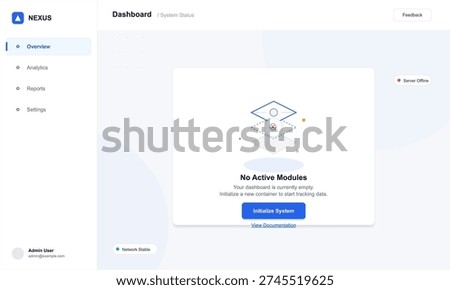 A minimalist digital dashboard user interface displaying a system status overview. The screen shows an empty state with a call to action button to initialize the system.