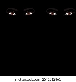 A minimalist digital design featuring three sets of glowing, mysterious eyes in the dark, evoking suspense and intrigue.