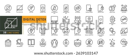 Minimalist Digital Detox line icons set with editable stroke, featuring no phone, no computer, offline, notification off, reading, digital lock, brain care, phone off, detox. thin linear illustration.