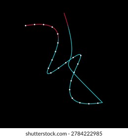 A minimalist digital graphic featuring a continuous gradient line with small white circular nodes set against a dark black background.