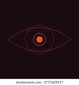 Minimalist digital graphic featuring a stylized biometric eye scan with red gradient geometric lines against a dark black background backdrop.