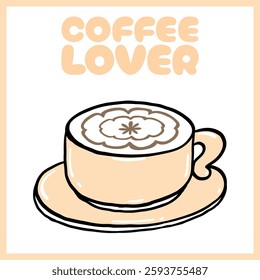 Minimalist digital illustration of a coffee cup with latte art, featuring the text "Coffee Lover" in warm beige tones, Vector