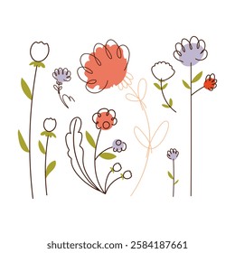 Minimalist digital illustration of delicate hand-drawn flowers and leaves in a whimsical style, featuring soft colors and playful line art. Whimsical Hand-Drawn Floral Illustration