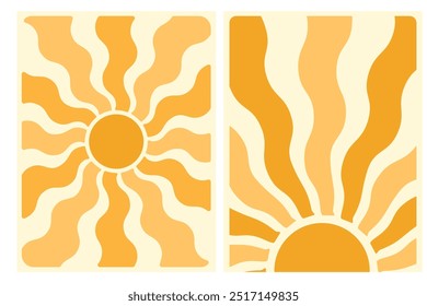 A minimalist digital illustration depicting an abstract sun with wavy rays in two variations.