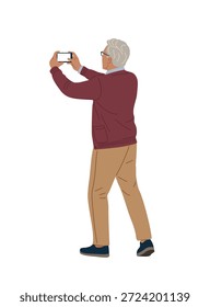 Ilustración digital minimalista de un anciano visto desde atrás, fotografiando con un teléfono inteligente, en estilo plano moderno limpio sobre fondo blanco.
