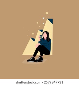 Minimalist digital illustration of a faceless woman sitting on the floor, enjoying a warm drink, with abstract geometric background in earthy tones