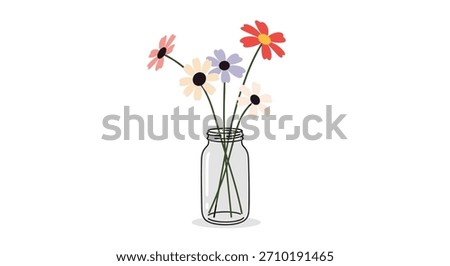 Minimalist digital illustration featuring a collection of colorful daisy-like flowers in a clear glass jar, symbolizing simplicity and natural beauty.