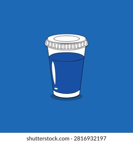 Minimalist digital illustration featuring a disposable plastic beverage cup with a secure lid on blue background