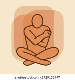 Una ilustración digital minimalista con una figura humana estilizada sentada con las piernas cruzadas en un abrazo propio. La figura está enmarcada centralmente por tres rectángulos redondeados semitransparentes superpuestos en tonos marrón melocotón cálidos. Estas capas evocan una sensación de protección emocional y aislamiento introspectivo. La postura de la figura, con los brazos cruzados sobre el pecho y la cabeza ligeramente inclinada, sugiere comodidad en sí misma y resiliencia interna. El fondo es de color blanquecino con una sutil textura similar al papel, lo que mejora la calidez táctil de la composición. Las líneas limpias y el estilo de icono plano enfatizan la simplicidad, la calma y la profundidad psicológica.