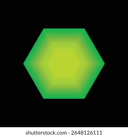 A minimalist digital illustration of a glowing hexagon with a vibrant yellow-green to dark green gradient, creating a luminous effect on a stark black background, .