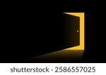 Minimalist digital illustration of a partially opened door casting yellow light into darkness. Business concept of new possibilities, finding new solutions, hope and exit. Vector illustration