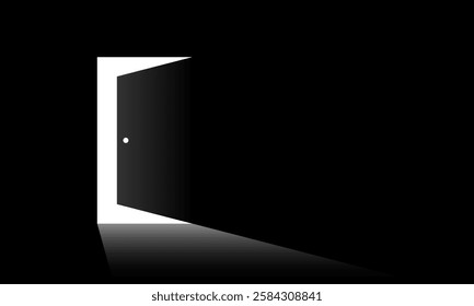 Minimalist digital illustration of a partially opened door casting white light into darkness. Business concept of new possibilities, finding new solutions, hope and exit. Vector illustration