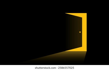 Minimalist digital illustration of a partially opened door casting yellow light into darkness. Business concept of new possibilities, finding new solutions, hope and exit. Vector illustration