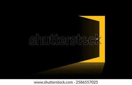 Minimalist digital illustration of a partially opened door casting yellow light into darkness. Business concept of new possibilities, finding new solutions, hope and exit. Vector illustration