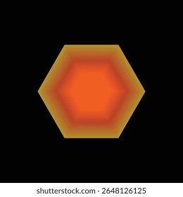 A minimalist digital illustration of a radiant hexagon featuring a vibrant orange to golden gradient, creating a warm, glowing effect on a stark black background