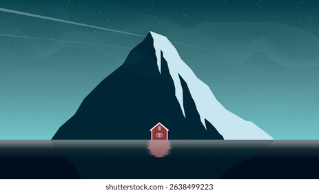 Minimalist digital illustration of a small red cabin by a large snow-capped mountain, reflected in calm water under a starry night sky. Perfect for nature, solitude, and serenity themes