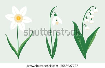 A minimalist digital illustration of three delicate spring flowers: daffodil, snowdrop, and lily of the valley. The elegant floral design features soft pastel tones, making it ideal for botanical prin